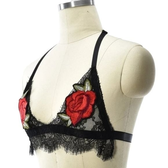 BLACK FLORAL & MESH EMBROIDERED RAVE CLUB HARNESS BRA - Picture 2 of 4